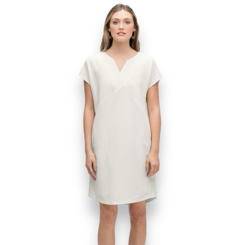 NAU Flaxible White Linen Blend Short Sleeve Mod Shift Mini Dress in Vapor NWT